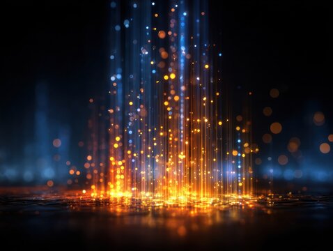 Data stream and digital transformation with an abstract visualization of information flow Glowing particles and lines on a dark background represent connectivity technology and innovation.
