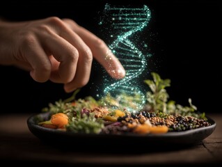 Nutrigenomics and personalized nutrition showing a hand touching a digital DNA helix above a salad representing the concept of precision diet and genetic testing for optimal health and wellness.