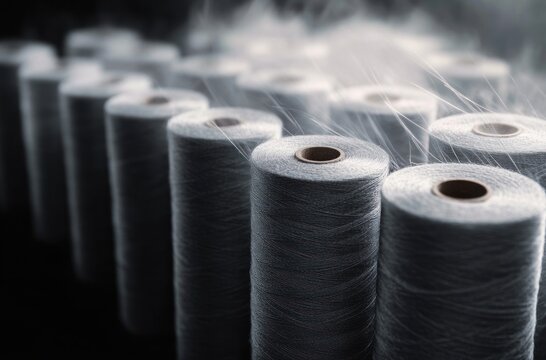 rows of gray thread spools with delicate floating fibers in soft moody light, orderly calm textile scene