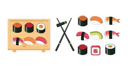 An assortment of colorful sushi rolls and nigiri displayed on a tray © LUNEX