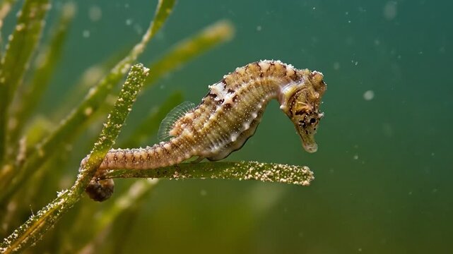 Seahorse clinging to seagrass blade in a healthy marine ecosystem for ocean conservation