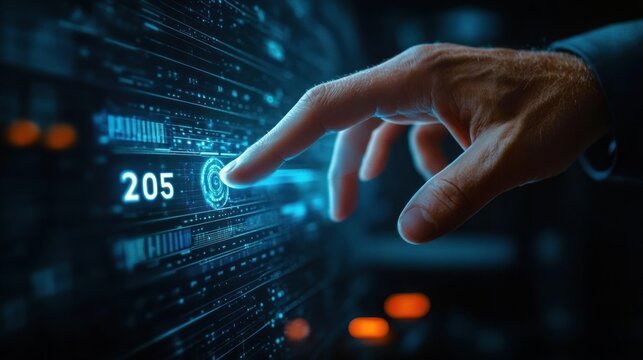 A hand interacts with a glowing blue digital interface, touching a holographic panel displaying the number 205 in a high-tech futuristic control scene.