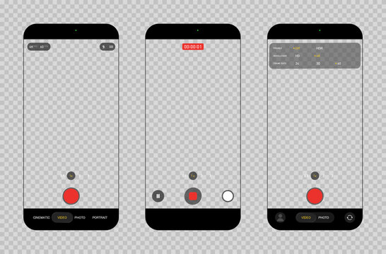 Photorealistic detailed phone video camera mockup template interface isolated on transparent background. 2026 design. Vector illustration