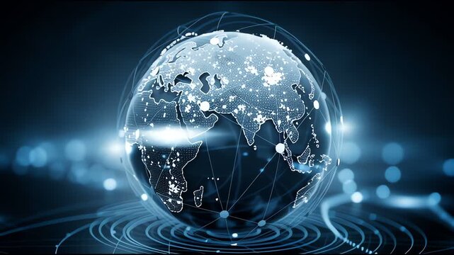 Digital globe with network connections and glowing data points illustrating global communication and technology