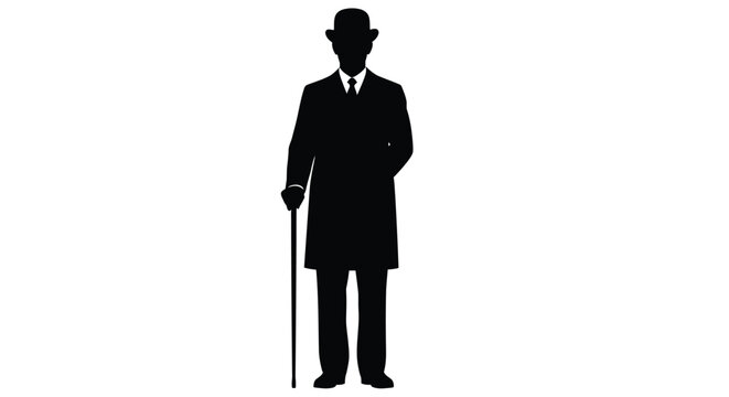 Stylish gentleman vector illustration wearing a bowler hat and holding a walking stick graphic design.