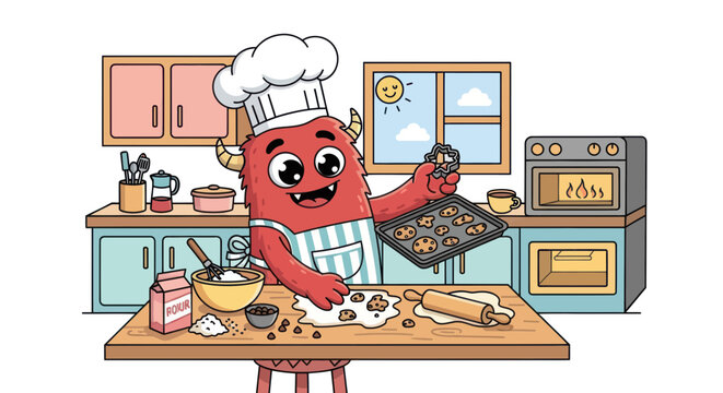 Cute monster chef baking cookies in a kitchen, cartoon illustration