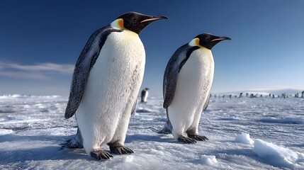 Obraz premium Two emperor penguins stand on icy terrain beneath a clear blue sky with a penguin colony visible in the distance on a sunny day in antarctica.