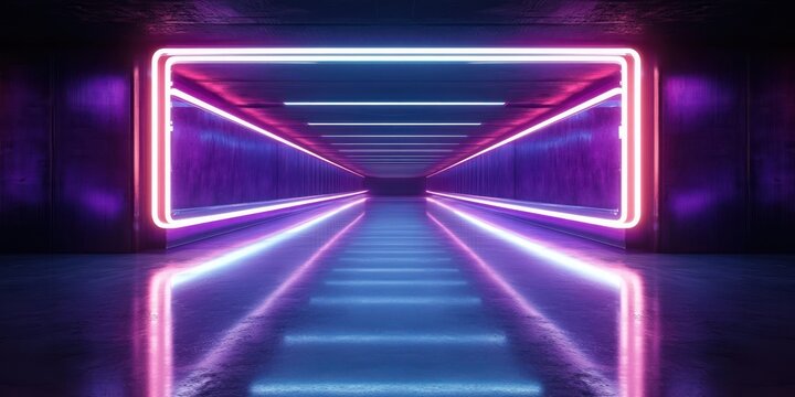 futuristic neon-lit corridor with glowing pink and blue rectangular frame, reflective glossy floor, symmetrical vanishing perspective and moody immersive atmosphere