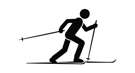 Fototapeta premium Black silhouette vector illustration of a person cross-country skiing with poles on a white background.
