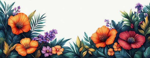 Fototapeta premium Vibrant floral border with large orange and red poppy-like blooms, small purple and pink blossoms and lush teal-green foliage framing a serene white center