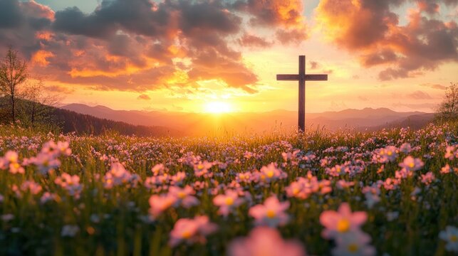 Wooden cross standing in a pink wildflower meadow at sunset with golden sun, dramatic clouds and distant mountains, evoking peaceful hopeful serenity