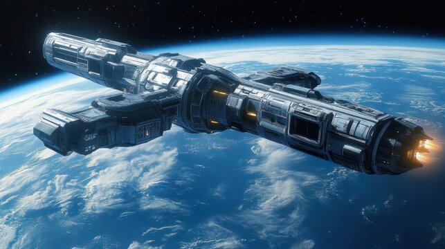 Massive metallic spacecraft orbiting Earth with glowing thrusters above cloud-covered curvature, evoking silent, majestic exploration and isolation