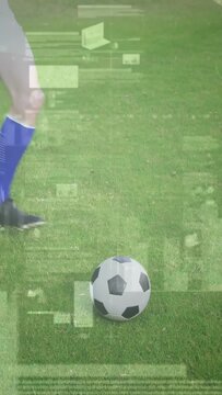 Vertical video: Kicker entering left instep kicking ball as HUD overlays logging sports analytics