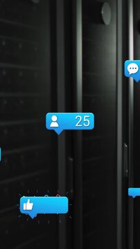 Vertical video: Blue chat bubble appearing, badges popping upward on server rack counting growth