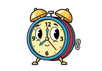 A cute cartoon alarm clock character with a friendly face and a vintage wind-up key design style