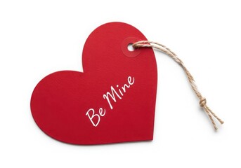 A vibrant red heart shaped gift tag featuring the romantic phrase be mine written in white script