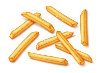 A digital illustration of crispy golden french fries scattered randomly on a plain white background