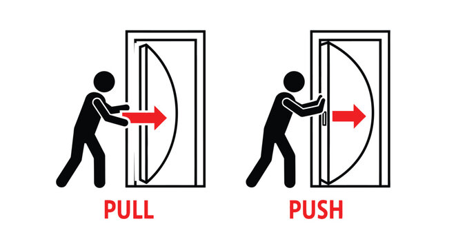 Vector illustration graphic design showing stick figures demonstrating correct door opening methods for pull and push actions.