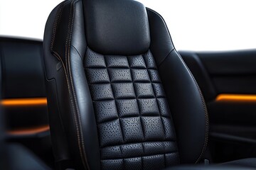 Fototapeta premium Close-up of a black perforated quilted leather car seat with headrest, contrast stitching and ambient orange interior lighting conveying comfort and luxury