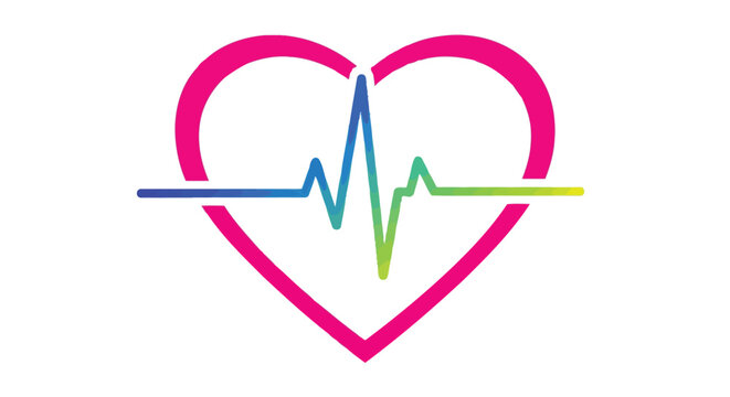 Simple vector graphic illustration of a bright pink heart shape containing a vibrant color gradient heartbeat line