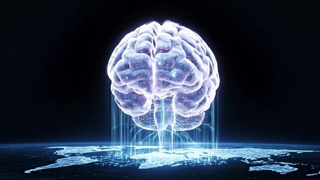 Digital brain over world map for global collective intelligence and AI neural network connectivity