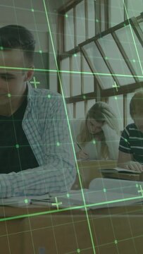 Vertical video: Camera panning left, student writing, green grid overlay tracking focus during exam