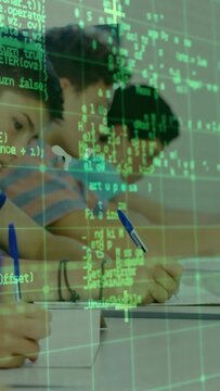 Vertical video: Students writing at desk, green code overlay appearing, covering pens for education