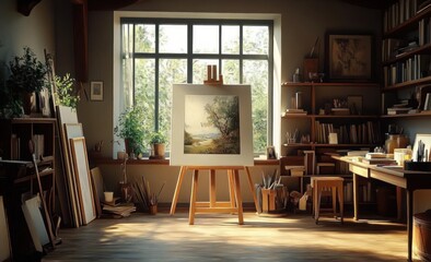 Fototapeta premium Sunlit artist's studio with an easel and a framed landscape painting, surrounded by books, plants, shelves, and warm wooden furniture