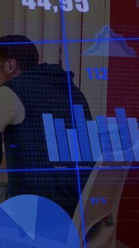 Vertical video: Business overlay cycling, causing man shifting and leaning while charts updating