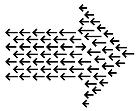 Arrow crowd moving left with one arrow pointing right, resistance to majority and going against the system
