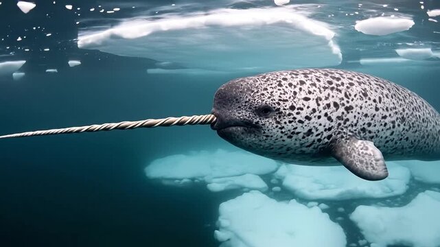 Adult male narwhal swimming under polar ice floes marine ecosystem conservation climate impact