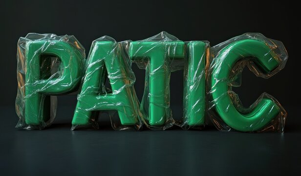 Large glossy green 3D letters spelling 'PATIC' wrapped tightly in transparent cling film on a dark reflective surface, evoking tension and suffocation