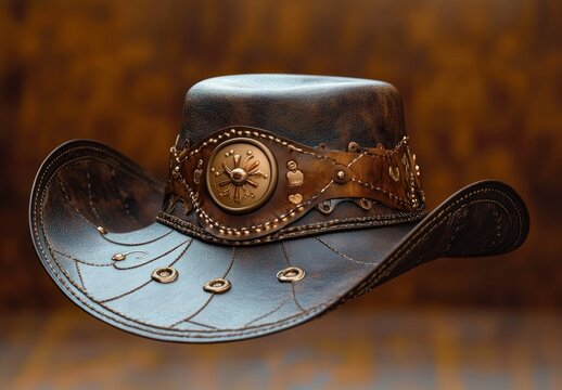 ornate brown leather cowboy hat with metal conchos and decorative stitching evoking rugged vintage adventure