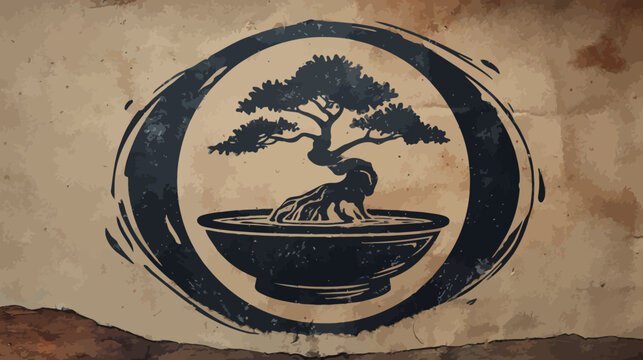 Black silhouette of a bonsai tree in a pot, within a circle on a textured brown background