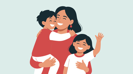 Obraz premium Mother hugging two children happy family illustration