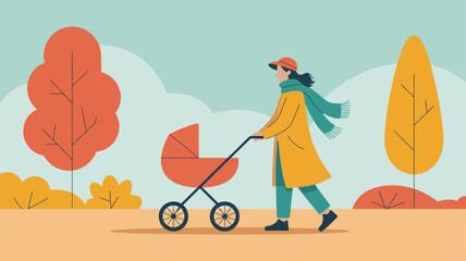 Fototapeta premium Mother pushing baby stroller through autumn park scenery