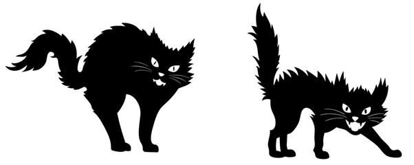 Scared black cat silhouette set with arched back and raised fur, hissing angry feline in defensive pose, Halloween frightened cat with sharp claws and tense posture © Nadezhda