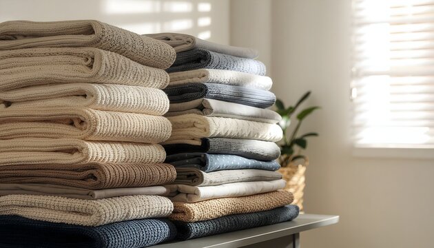 ​Neatly folded stack of textured knitted blankets and soft cotton textiles indoors.