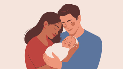 Obraz premium Parents holding newborn baby smiling illustration