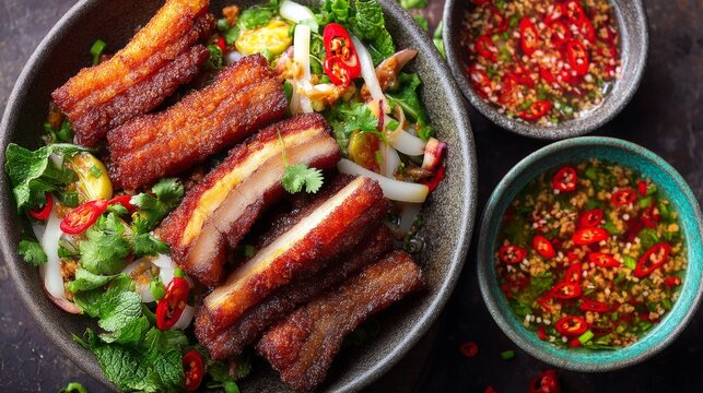 Delicious crispy pork belly served on a bed of fresh herbs and rice noodles with vibrant dipping sauces and red chili garnish for a flavorful meal