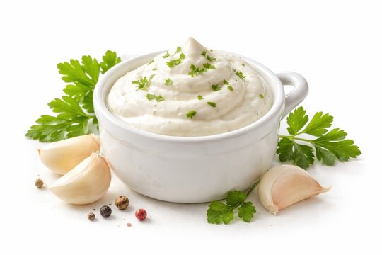 Creamy white garlic sauce in ceramic bowl garnished with fresh green parsley and peppercorn