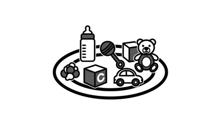 Naklejka premium Baby items on a plate including a teddy bear toy car blocks and bottle for nursery or parenting concepts
