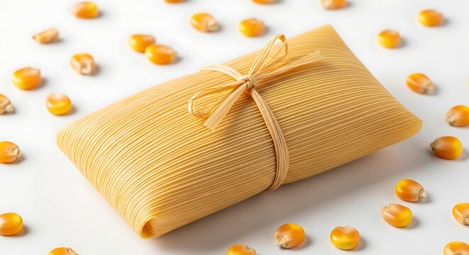 A single delicious tamale wrapped in a corn husk with scattered kernels on a plain white background