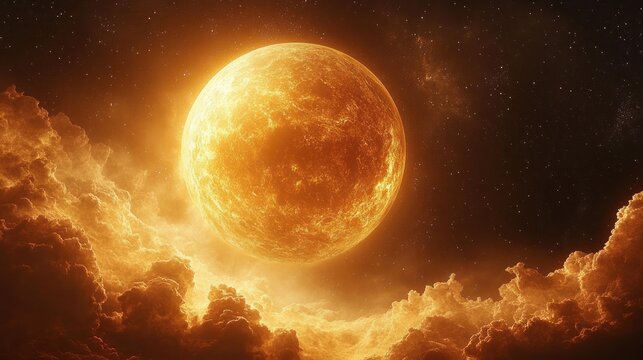 A colossal glowing orange sunlike planet rising above fiery clouds in a starry space, evoking awe and cosmic warmth.