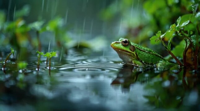 A close-up of a green frog sitting in water surrounded by lush green plants with raindrops falling from above