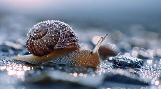 A small snail with a patterned shell, glistening with tiny water droplets, slowly moving across a wet, reflective surface in soft, natural light