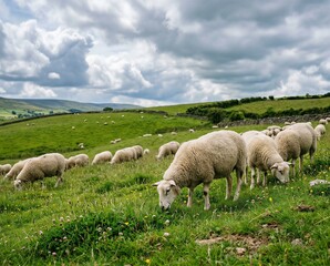 Fototapeta premium Herd of Sheep Grazing in a Green Pasture Under a Dramatic Sky