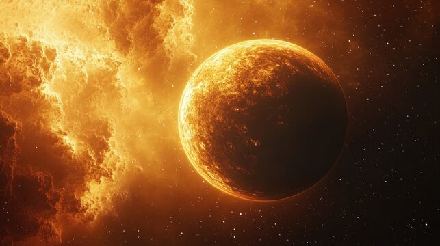 A fiery orange planet glows in space beside glowing nebula clouds and a starry backdrop, evoking awe and cosmic wonder.