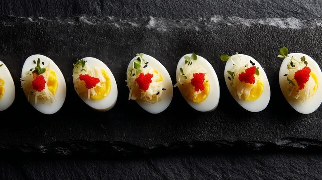Elegant Presentation of Deviled Eggs with Garnish on a Slate Plate, Ideal for Gourmet Dishes and Food Photography Opportunities