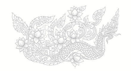 Obraz premium Thai Naga Serpent and Lotus Flower Line Art Design
